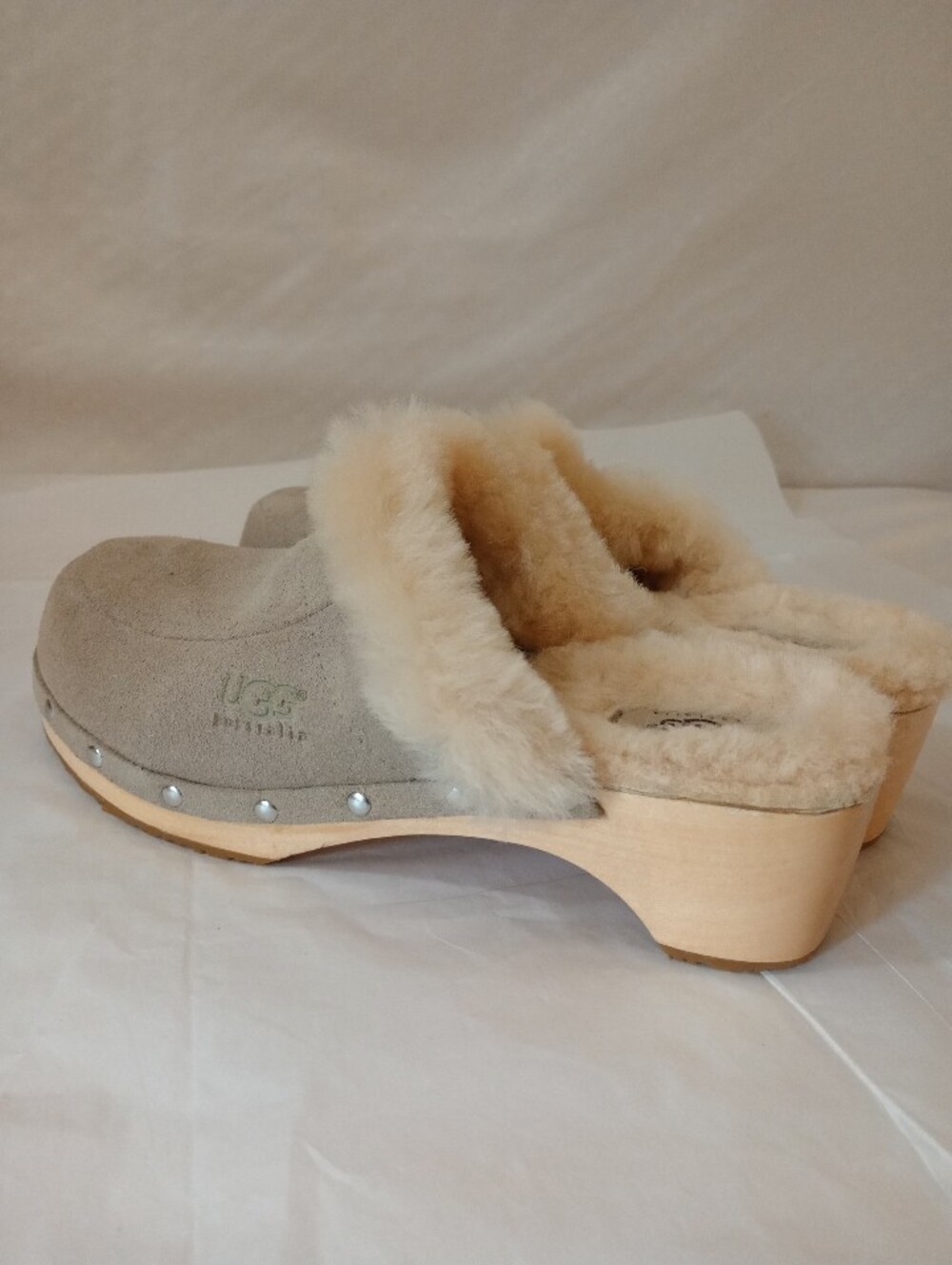 UGG Women's Abbie Suede Fur Wood Slip On Mule Clog Sandals Shoes